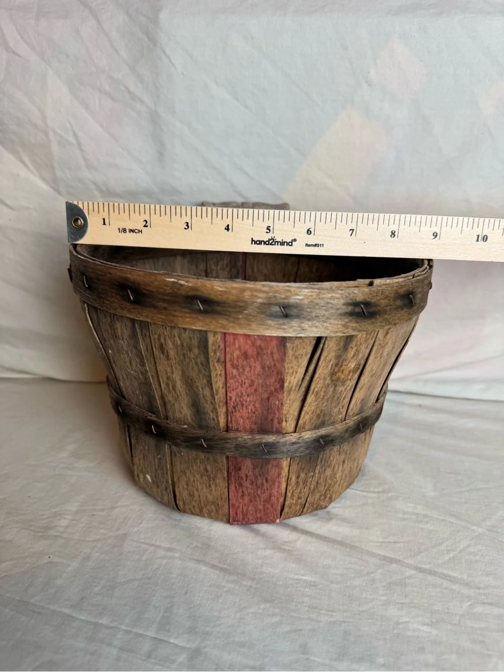 Primitive Rustic Wooden Splint Basket Red Accent Wire Handle Farmhouse Decor